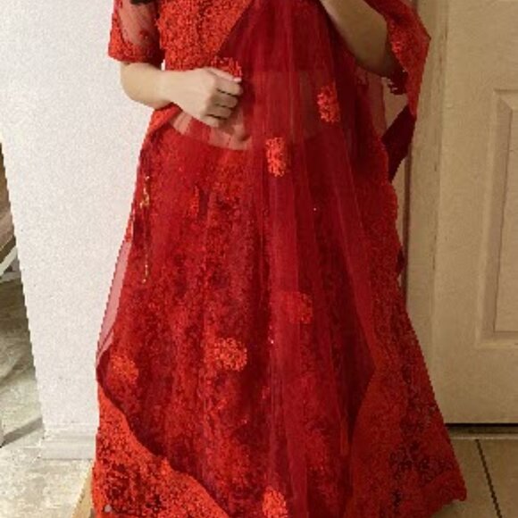Red net sequin work and dori embroidered lehenga choli with net dupatta - Picture 2 of 3
